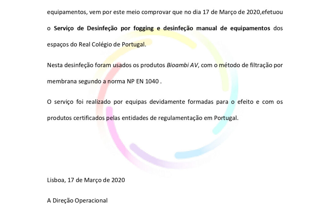 Certificado de Desinfecção | Real Colégio de Portugal