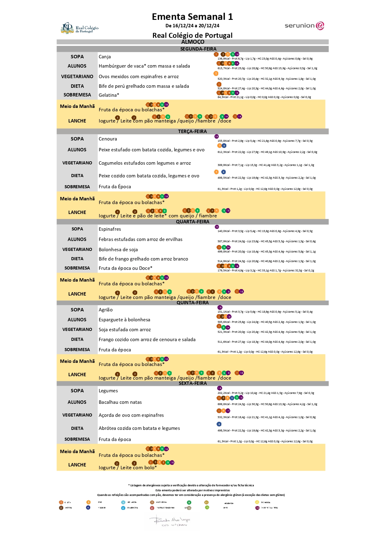 Ementa 16 a 20 de dezembro de 2024